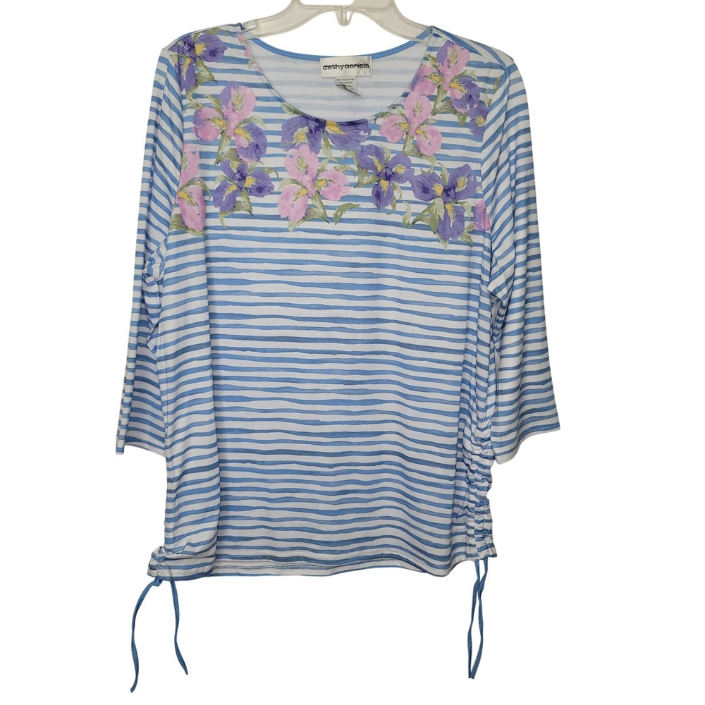Cathy Daniels Floral Stripe Top Sz L Blue White Ruched‎ Side Boho Cottage Resort